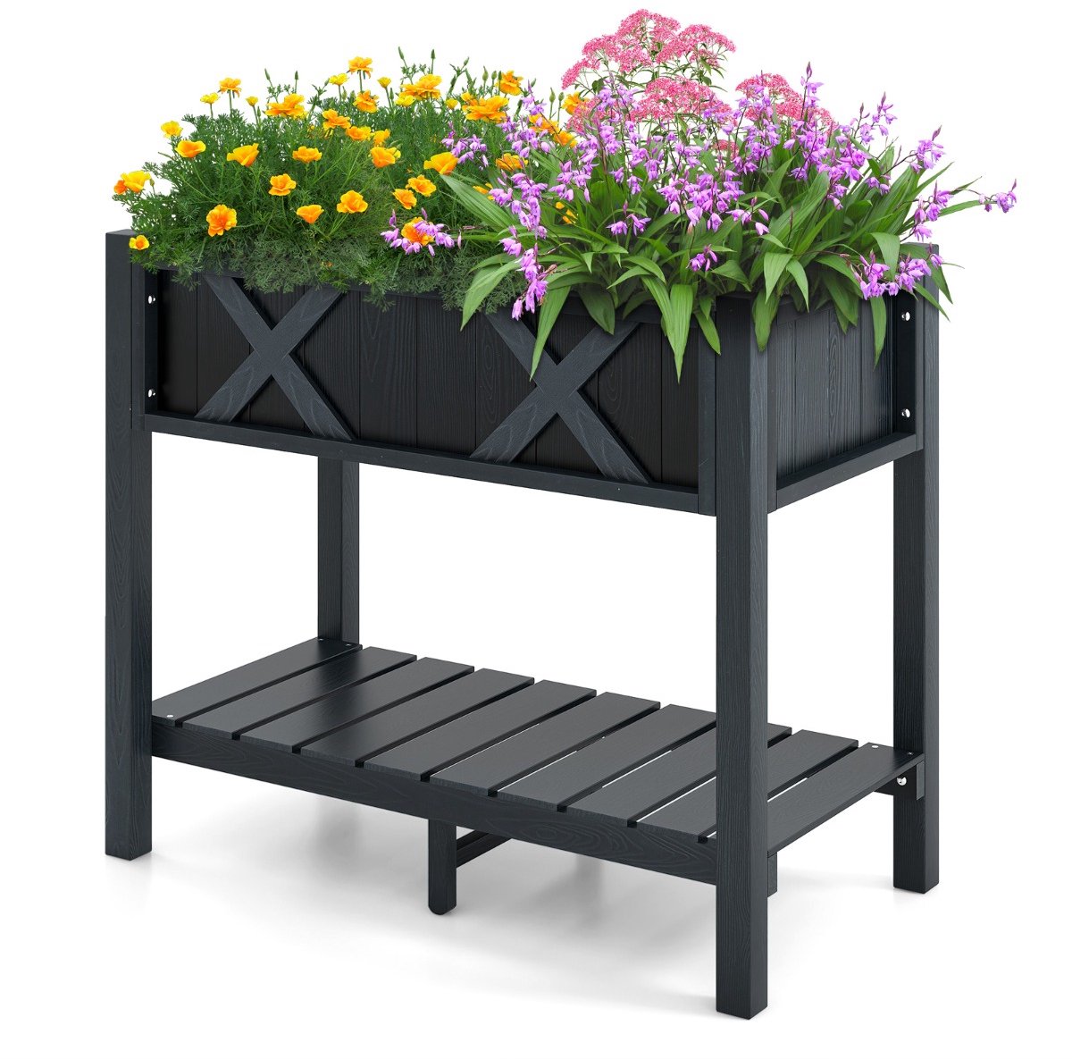 SureDeal® - Tuinier - Verhoogde Plantenbak HIPS - Opbergplankvoeten Drainagegaten Waterdichte - Zwart - 86x45x73 cm