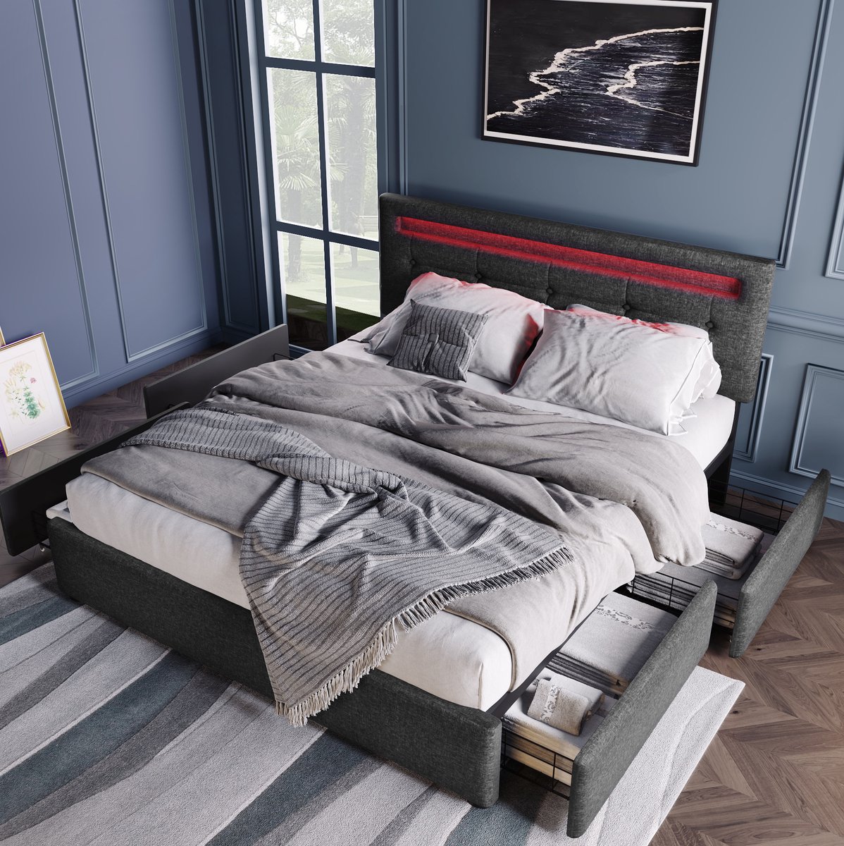 REDOM - Bed - LED-verlichting en 4 lades - Verstelbaar hoofdeinde en lattenbodem - Opbergruimte - Moderne stijl - Slaapkamer - Stof en hout - Grijs - 150 x 208 x 93,5-103 cm
