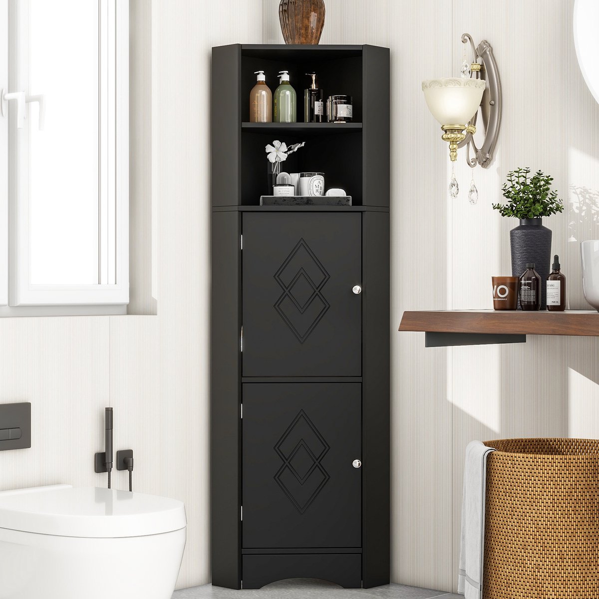 REDOM - Badkamerkast - Hoekontwerp - Open vak met verstelbare plank - 2 deuren - Moderne stijl - Badkamer of hal - Spaanplaat - Zwart - 36,5 x 36,5 x 155 cm