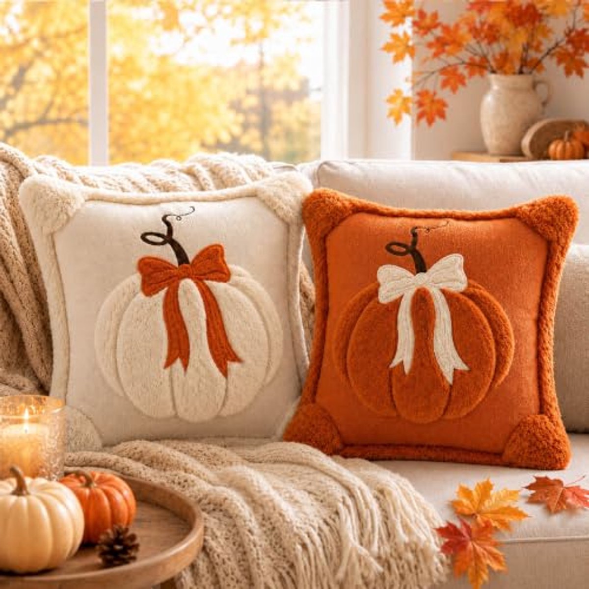 Kussenhoezen - Herfstdecoratie - Pompoen Kussenhoes - Decoratieve Kussenhoes - Geschikt voor Bank Woonkamer Herfst Halloween en Boerderijdecoratie - 45 x 45 cm Set van 2 - Oranje Wit