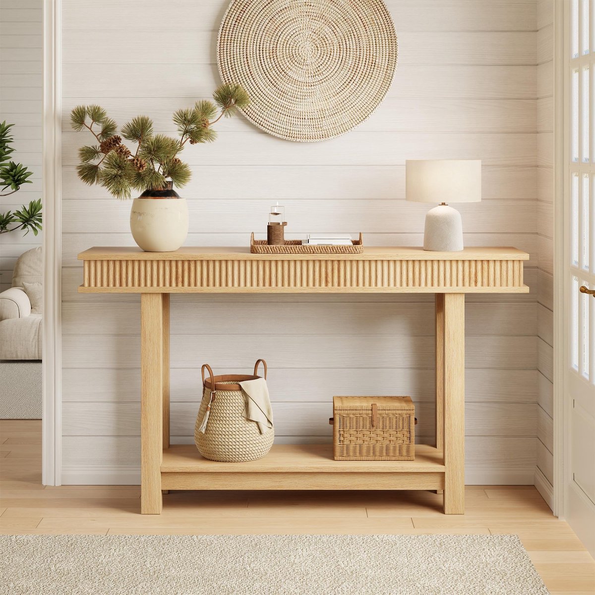 Consoletafel met Geribbeld Front - 2 Lagen - Sidetable - 140x30x81.5cm - Stevige Banktafel met Opbergplank - Rechthoekig - Landelijke Stijl - Voor Woonkamer En Hal - Houtkleur