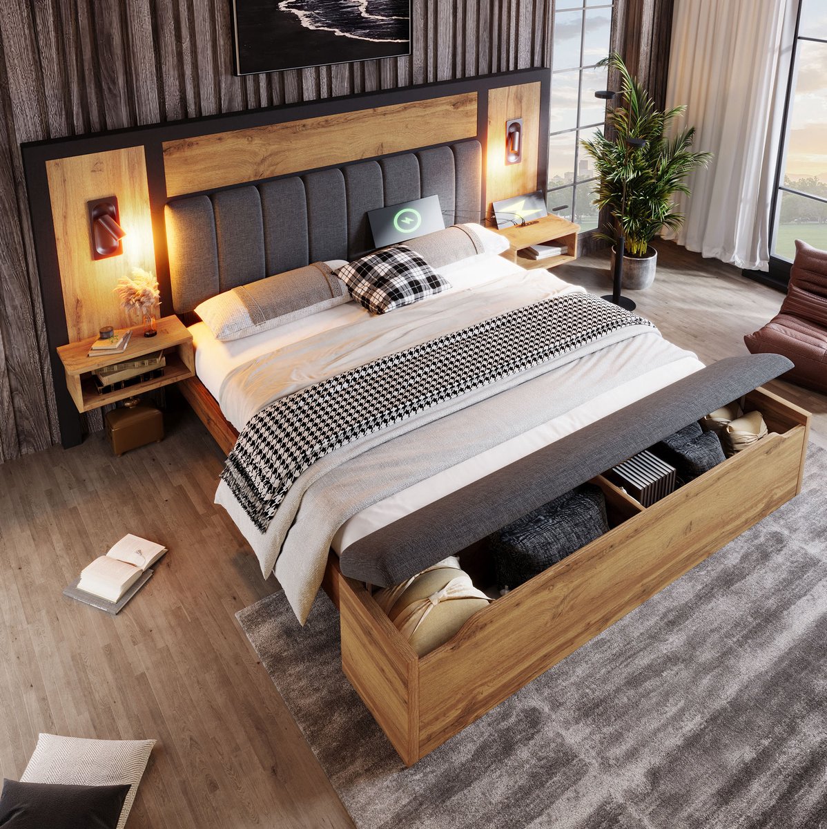 REDOM - Bed - Dubbel bedframe met hoofdbord en leeslampen - Met lattenbodem en opbergbank - Met USB-C nachtkastjes - Met opbergruimte - Hout met metaal en stof - Eiken - 261 x 234 x 118 cm