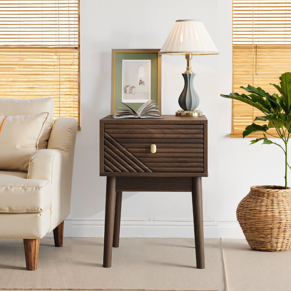 VVBV Nachtkastje 40x40x55 cm - Set van 2, Mid-Century, Opbergruimte - Walnoot