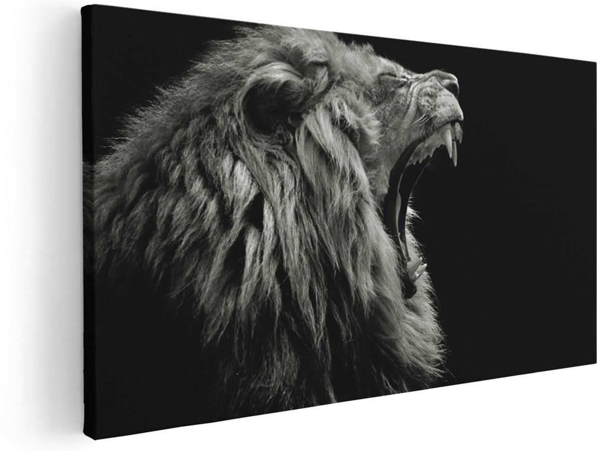 Artaza Canvas Schilderij Brullende Leeuw - Leeuwenkop - Zwart Wit - 180x90 cm - Groot - Wanddecoratie Woonkamer - Schilderijen - Muurdecoratie