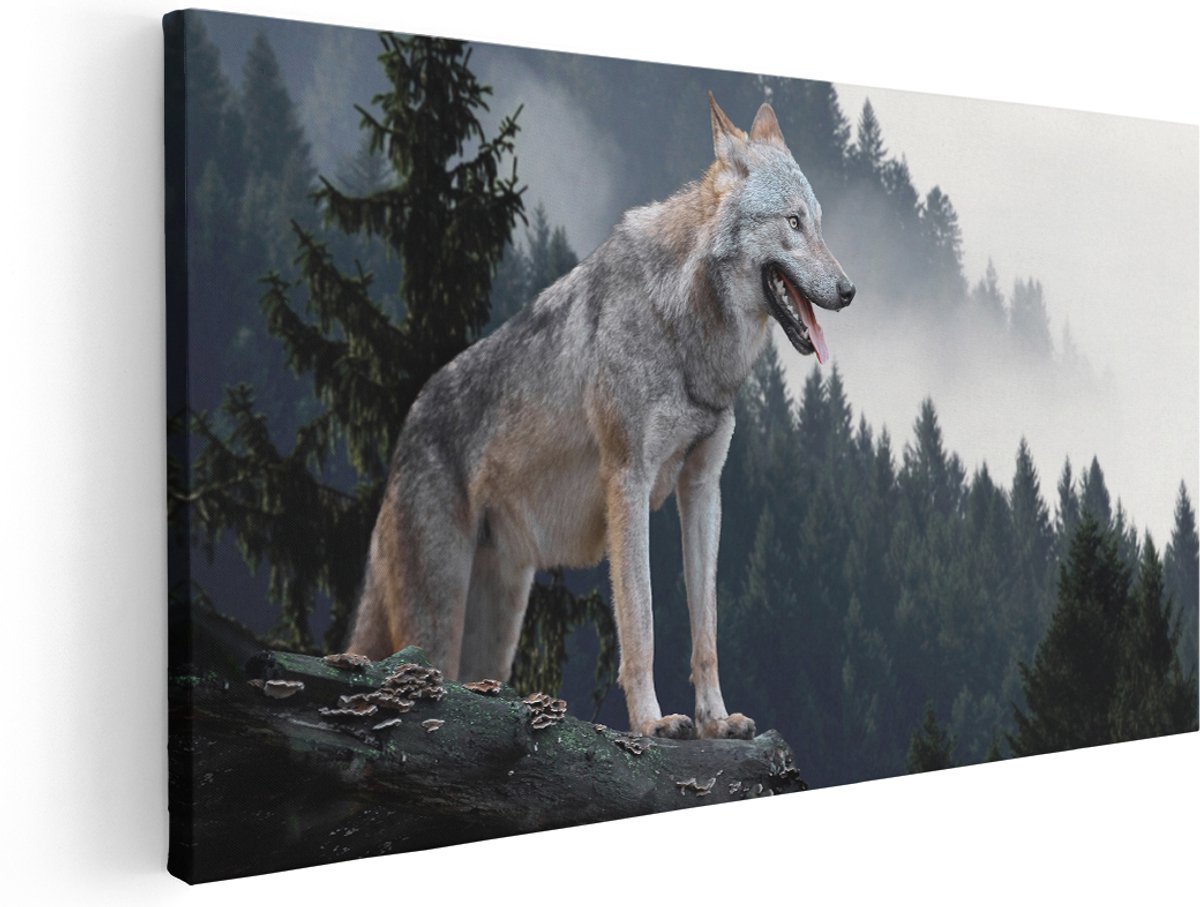 Artaza Canvas Schilderij Grijze Wolf In De Bossen - 180x90 cm - Groot - Wanddecoratie Woonkamer - Schilderijen - Muurdecoratie