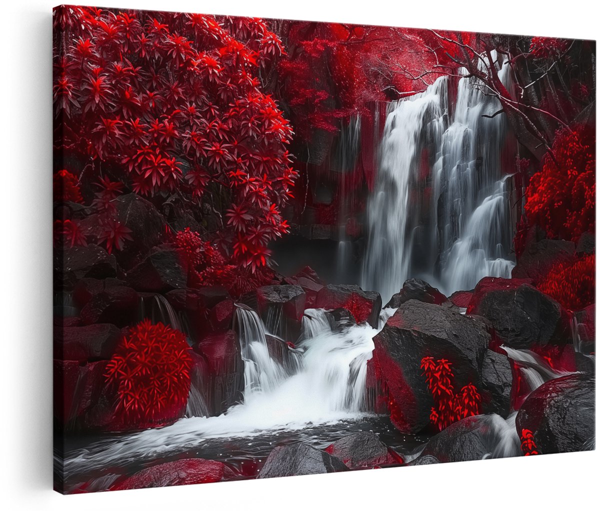 Artaza Canvas Schilderij Waterval in een Rood Bos - 180x120 cm - Groot - Wanddecoratie Woonkamer - Schilderijen - Muurdecoratie