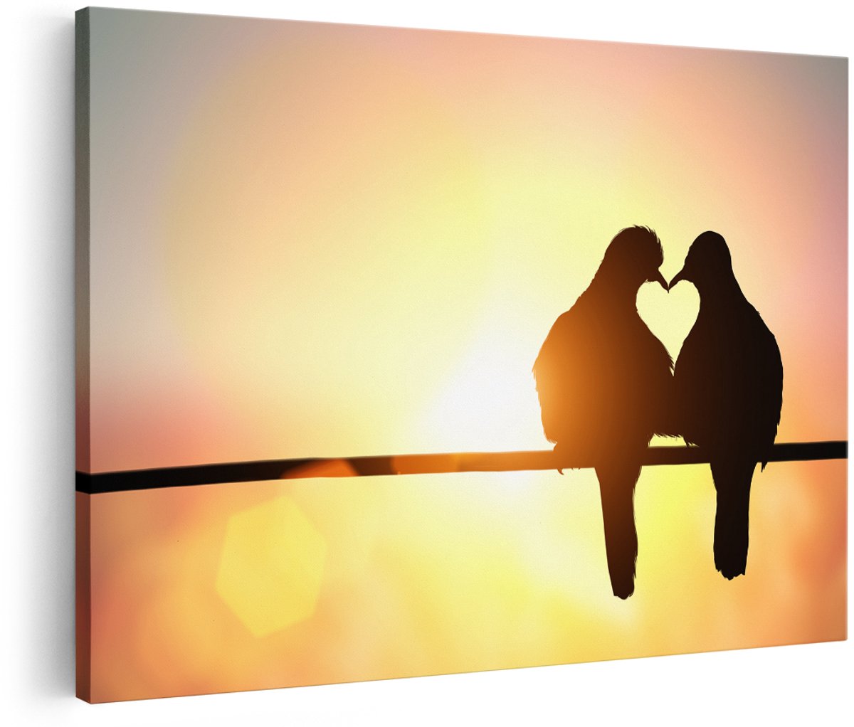 Artaza Canvas Schilderij Twee Silhouet Vogels In Een Hart Vorm - 180x120 cm - Groot - Foto Op Canvas - Wanddecoratie Woonkamer