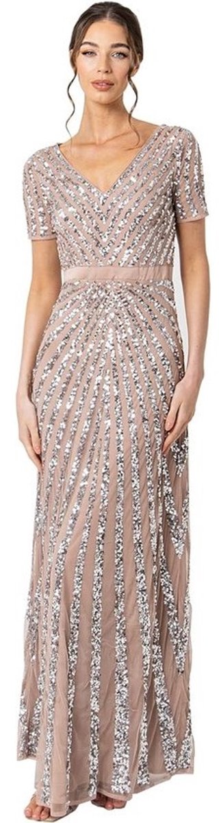 Maxi Pailletten Jurk Dames Korte Mouw V-hals Empire Taille Feestelijk