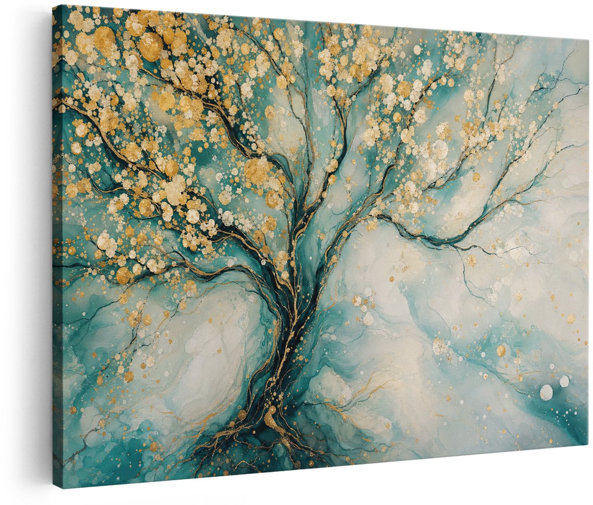 Artaza Canvas Schilderij Abstracte Boom Met Goud - Turquoise En Wit - 180x120 cm - Groot - Wanddecoratie Woonkamer - Schilderijen - Muurdecoratie
