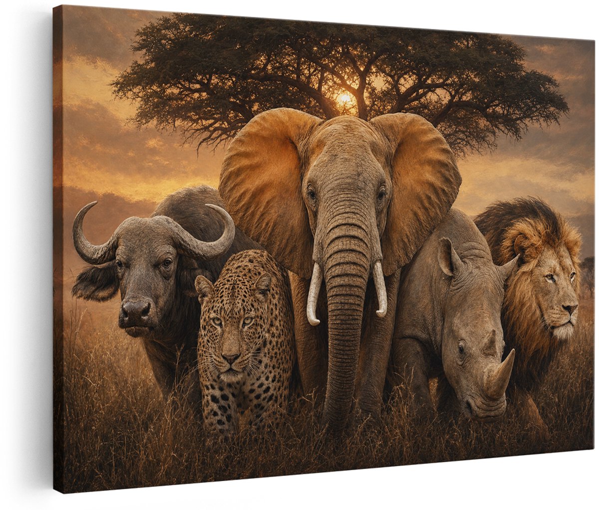 Artaza Canvas Schilderij Olifant Leeuw Luipaard Neushoorn en Buffalo - Savanne - 180x120 cm - Groot - Wanddecoratie Woonkamer - Schilderijen - Muurdecoratie