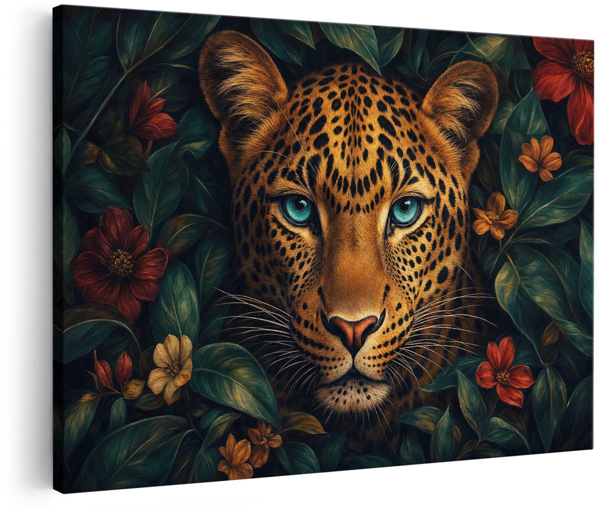 Artaza Canvas Schilderij Luipaard Met Bloemen En Bladeren - Tropische Natuur - 180x120 cm - Groot - Wanddecoratie Woonkamer - Schilderijen - Muurdecoratie
