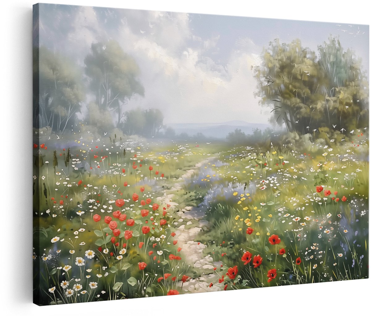 Artaza Canvas Schilderij Pad door een Veld met Wilde Bloemen - Bloemen - 180x120 cm - Groot - Wanddecoratie Woonkamer - Schilderijen - Muurdecoratie