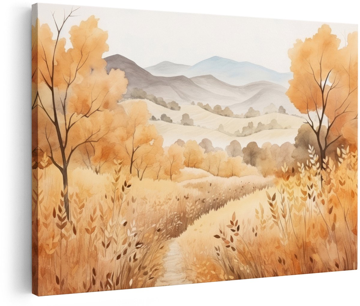 Artaza Canvas Schilderij Herfstlandschap - 180x120 cm - Groot - Wanddecoratie Natuur - Muurdecoratie Glooiende Heuvels - Decoratie Bomen - Oker