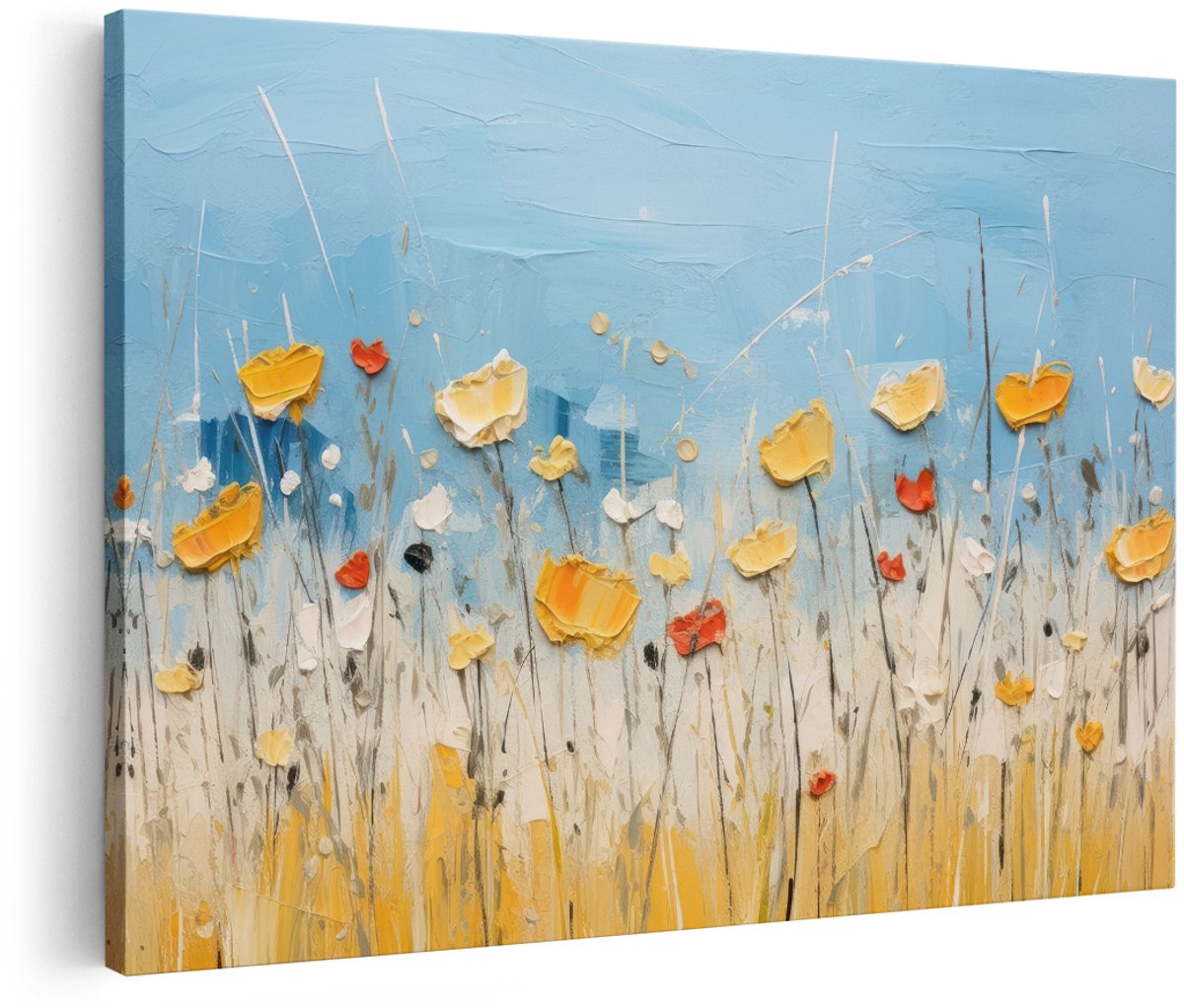 Artaza Canvas Schilderij Bloemen - 180x120 cm - Groot - Wanddecoratie Bloemenveld - Muurdecoratie Natuur - Decoratie Klaprozen - Geel