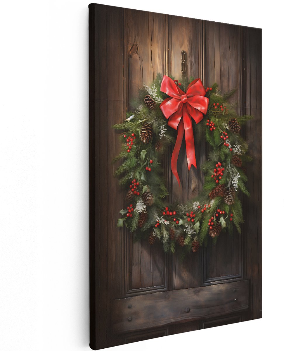 Artaza Canvas Schilderij Kerstkrans op een Houten Muur - 120x180 cm - Groot - Foto Op Canvas - Wanddecoratie Woonkamer