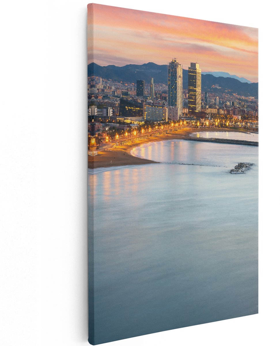 Artaza Canvas Schilderij Barcelona Strand met Stad bij Zonsondergang - 120x180 cm - Groot - Wanddecoratie Woonkamer - Schilderijen - Muurdecoratie