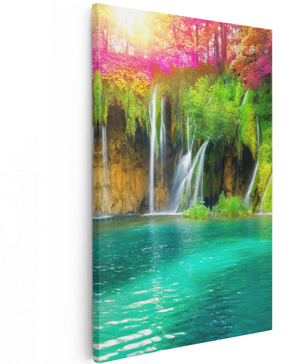 Artaza Canvas Schilderij Waterval Met Roze En Groene Bloemen - 120x180 cm - Groot - Wanddecoratie Woonkamer - Schilderijen - Muurdecoratie
