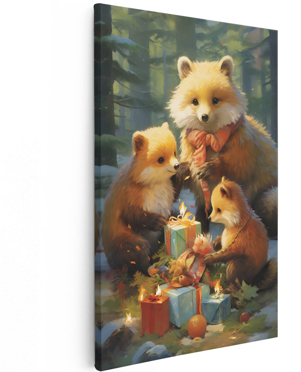 Artaza Canvas Schilderij Beren Familie met Kerstcadeaus - Kerstmis - 120x180 cm - Groot - Foto Op Canvas - Wanddecoratie Woonkamer