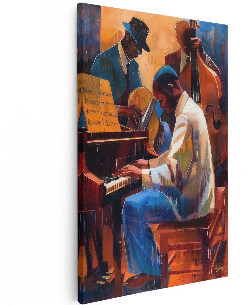 Artaza Canvas Schilderij Drie Muzikanten aan de Piano - 120x180 cm - Groot - Wanddecoratie Woonkamer - Schilderijen - Muurdecoratie