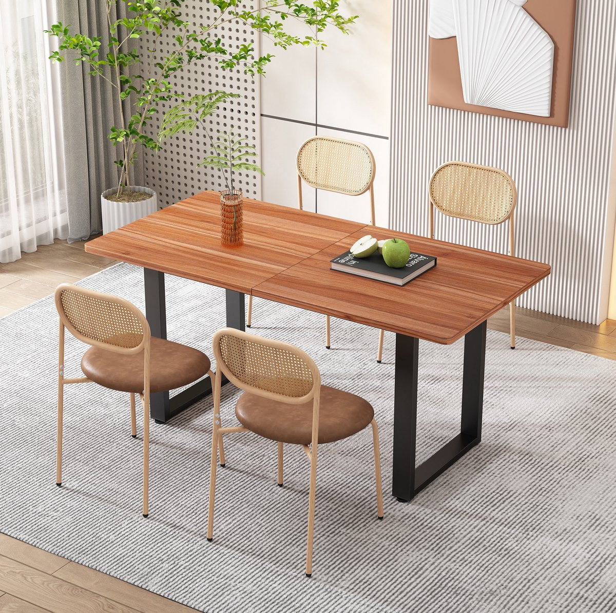 Wishdor Eetkamerstoel - Rotan rugleuning - Pu zitting - Metalen poten - Modern en eenvoudig - Woonkamer eetkamer restaurant café hotel - Bruin - 80 x 46 x 48 cm