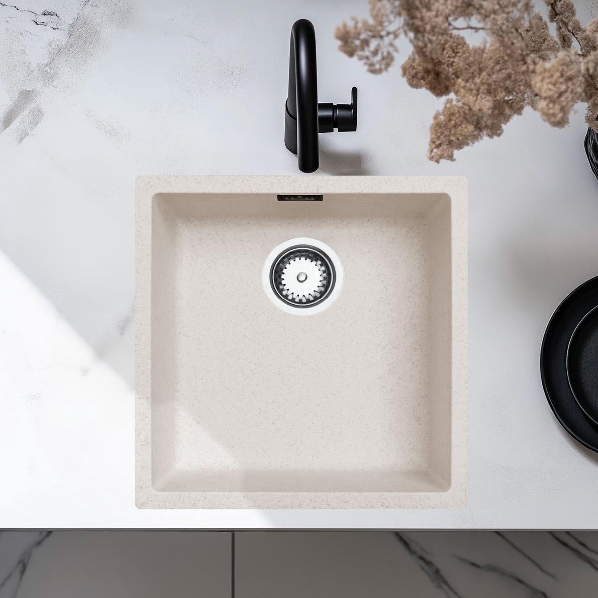 Spoelbak 40x40 cm zand wit onderbouw en opbouw Pure.Sink