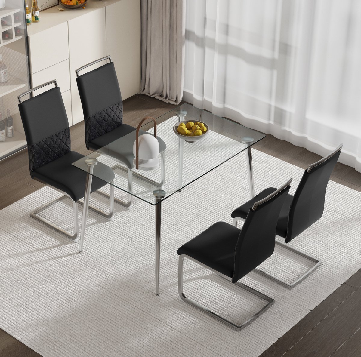 Wishdor Eetkamerstoel set van 4 - Hoog rug gepolsterd - PU kunstleer en leinen - Design - Eetkamer keuken kantoor - Metaal - Zwart - 42 x 48 x 95 cm