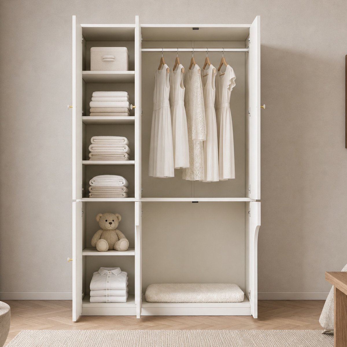 DESMIU Kledingkast - 3-Deurs Met Kledingstang En Planken - Voor Slaapkamer Met Open Boogruimte - Hout - 120x50x200 Cm - Wit