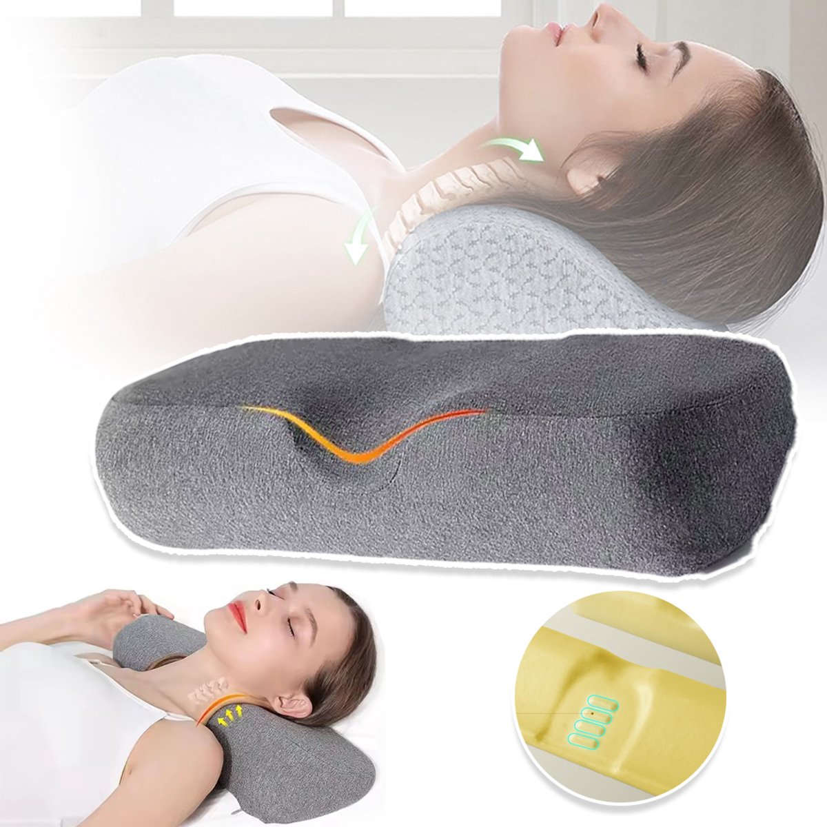 Neksteunkussen Met Langzame Terugvering - Ergonomisch Ontwerp Voor De Nekwervels Wasbare Ademende Kussensloop - Comfortabel Om Te Slapen, Een Dutje Te Doen En Te Reizen - Grijs