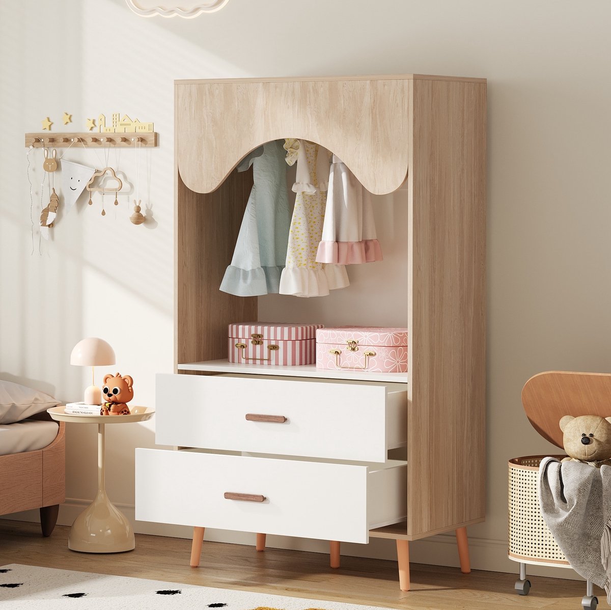 DESMIU Kledingkast Open Kast Met Hanggedeelte En 2 Lades Voor Kinderkamer En Slaapkamer Hout Wit 80x46x141,5 Cm