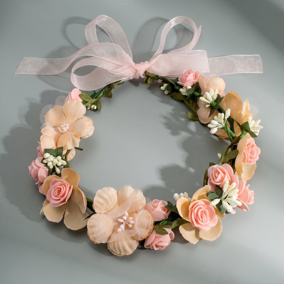 Kunstbloemen Hoofdkrans, Bloemencirkel Haarband met Satin‑Lint, Bruiloft & Fotoshoot Haaraccessoire,Roze bruidsbloemenkrans in bosstijl