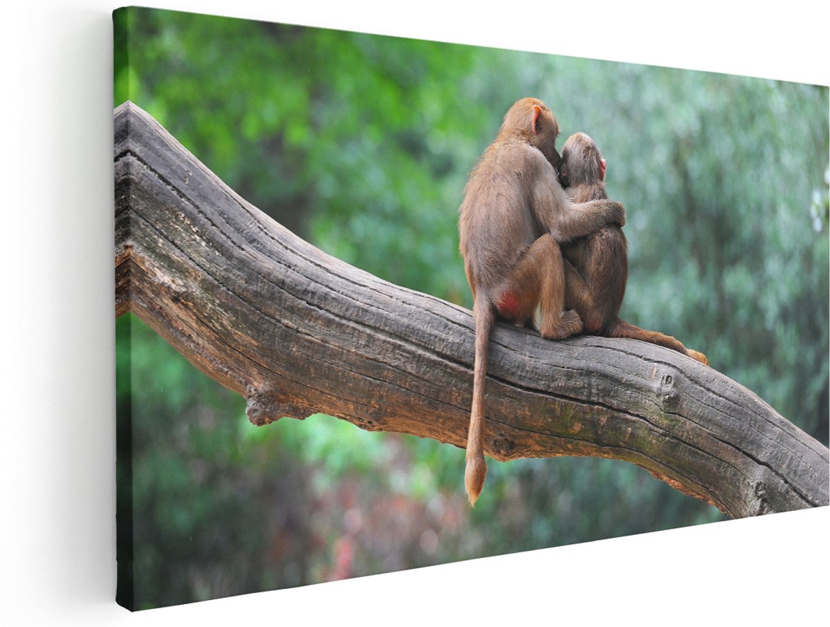 Artaza Canvas Schilderij Twee Apen Vrienden Op Een Tak In Een Boom - 140x70 cm - Groot - Wanddecoratie Woonkamer - Schilderijen - Muurdecoratie