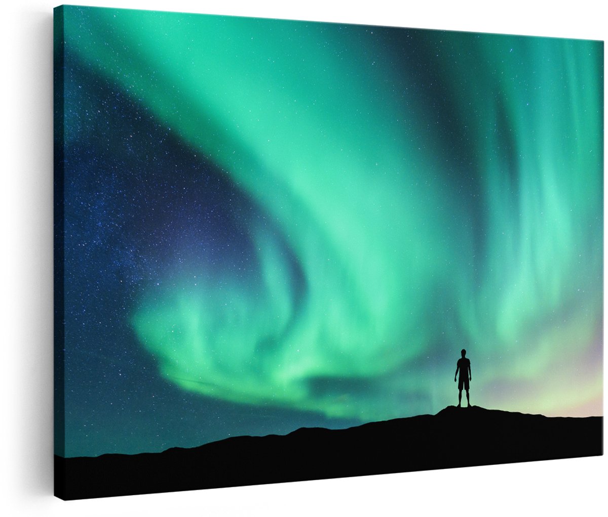 Artaza Canvas Schilderij Man bij het Groene Noorderlicht - 150x100 cm - Groot - Foto Op Canvas - Wanddecoratie Woonkamer