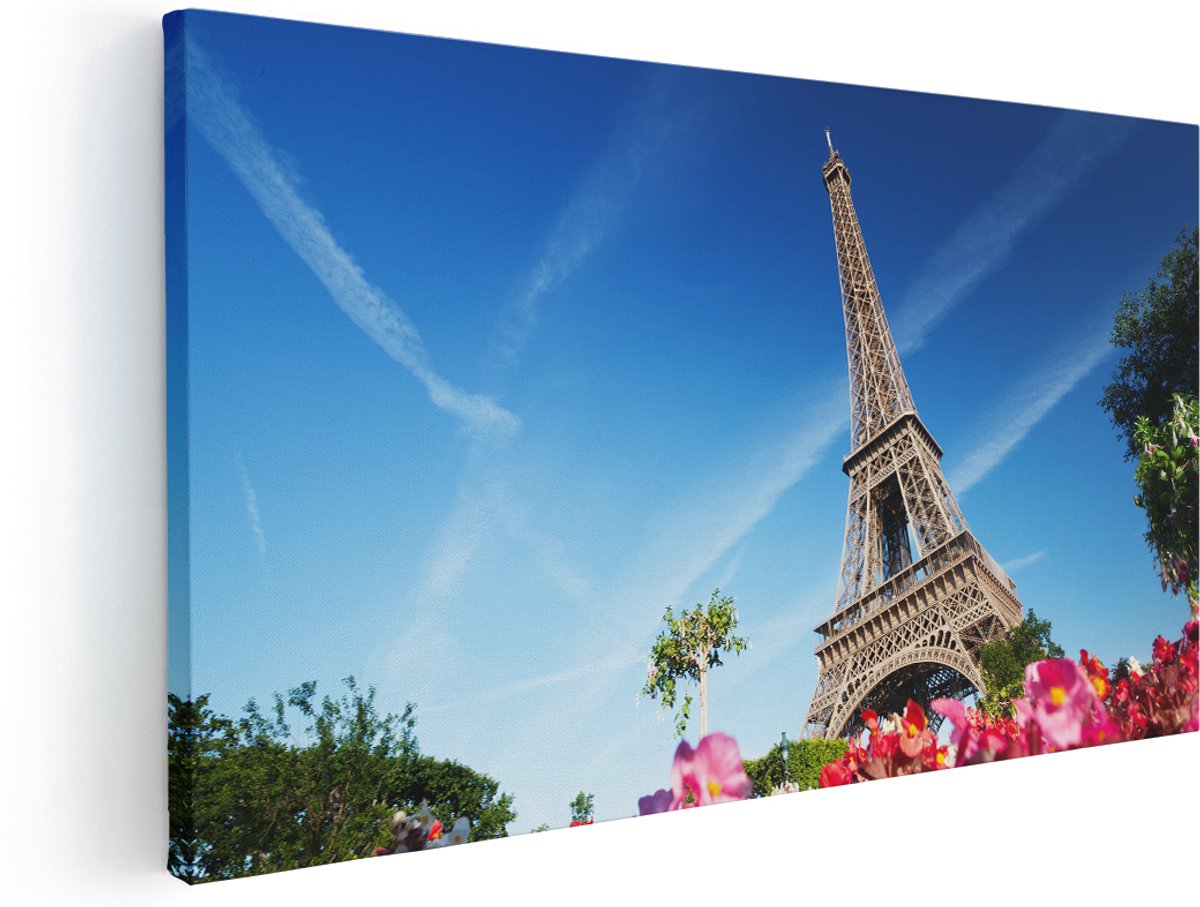Artaza Canvas Schilderij Eiffeltoren In Parijs Met Bloemen - 140x70 cm - Groot - Wanddecoratie Woonkamer - Schilderijen - Muurdecoratie
