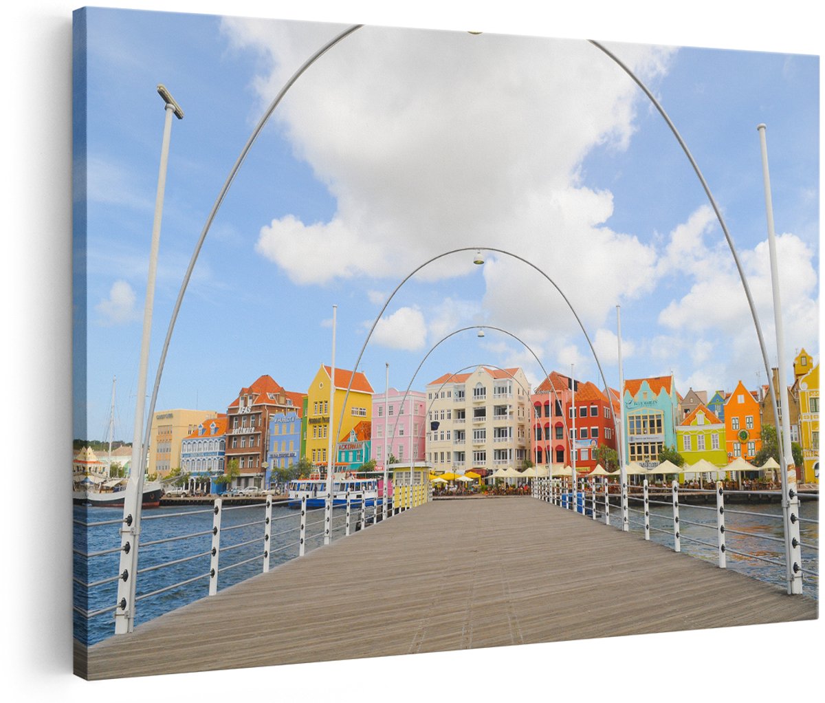 Artaza Canvas Schilderij Willemstad Gekleurde Huisjes in Curaçao - 150x100 cm - Groot - Wanddecoratie Woonkamer - Schilderijen - Muurdecoratie