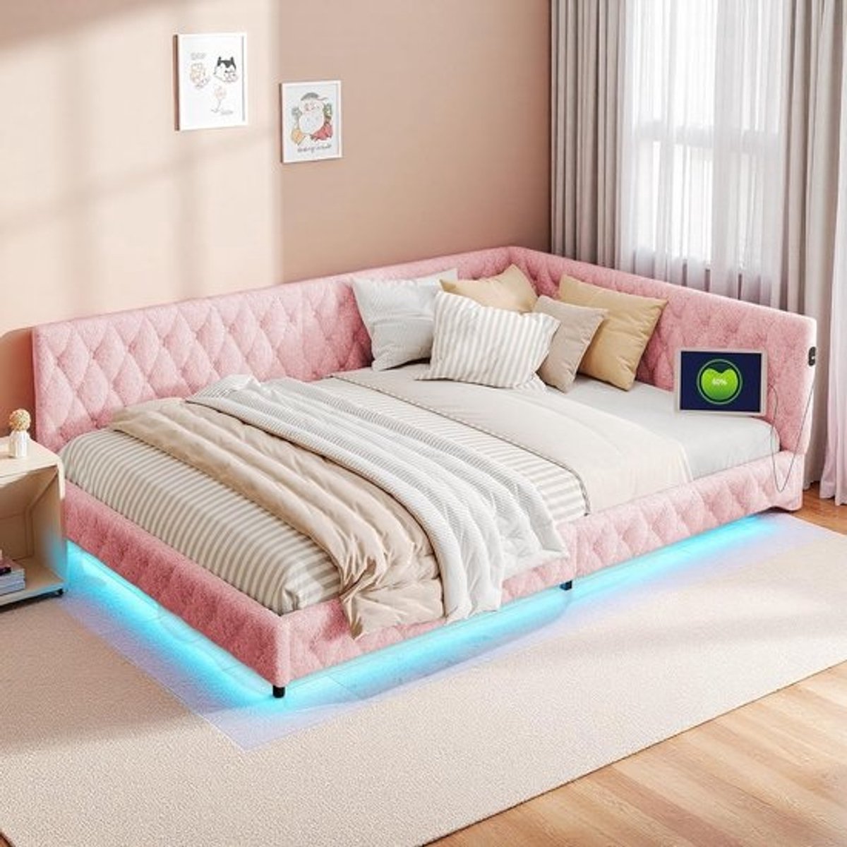 Bedbank - Bankbed - Ontspannen Zitten - L-vorm met LED - 140x200cm - Roze