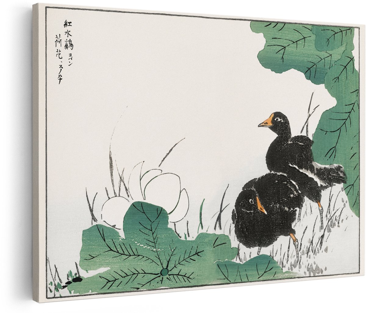 Artaza Canvas Schilderij Waterhoentjes - 150x100 cm - Groot - Wanddecoratie Vogels - Muurdecoratie Japanse Houtsnede - Decoratie Natuur Waterlelies