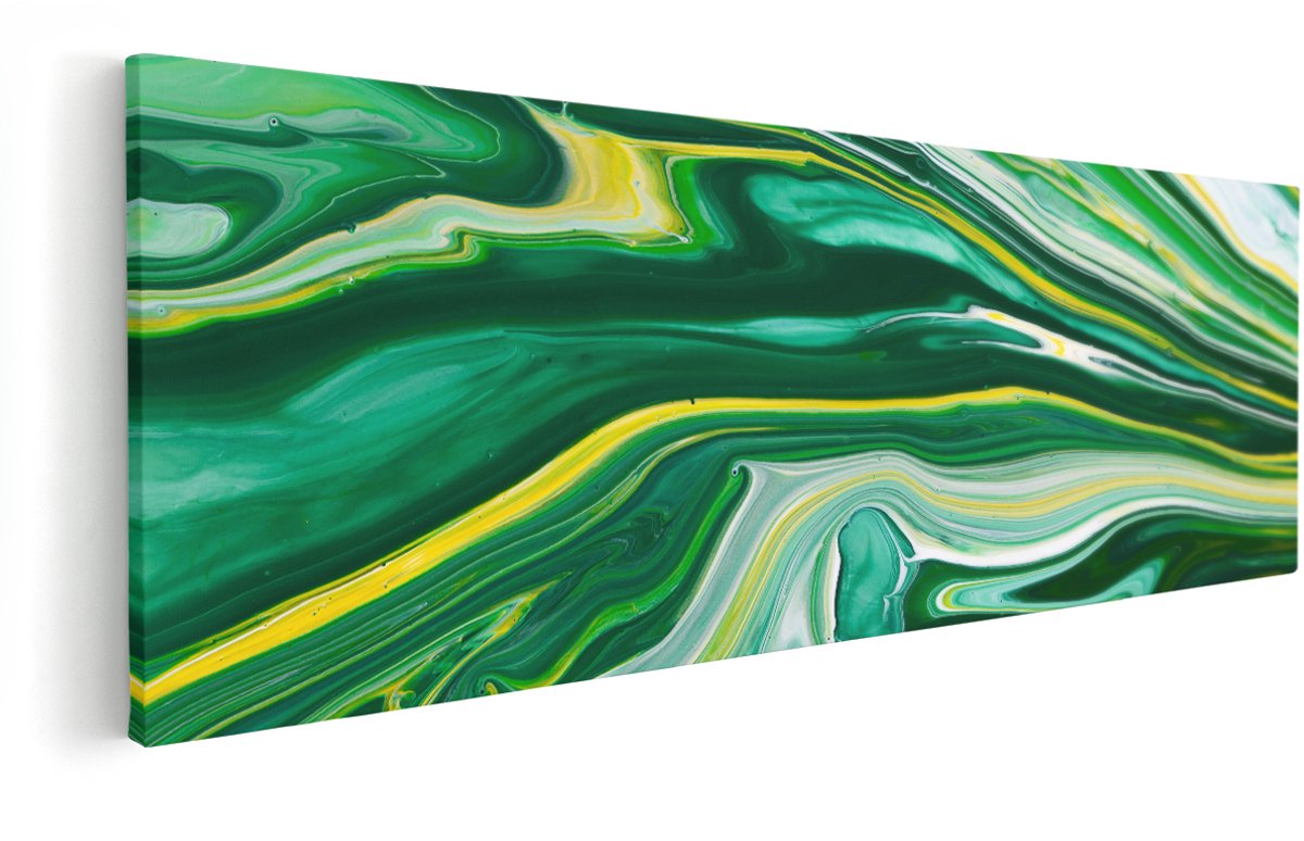 Artaza Canvas Schilderij Abstracte Kunst - Groen met Gele Verf - 150x50 cm - Groot - Wanddecoratie Woonkamer - Schilderijen - Muurdecoratie
