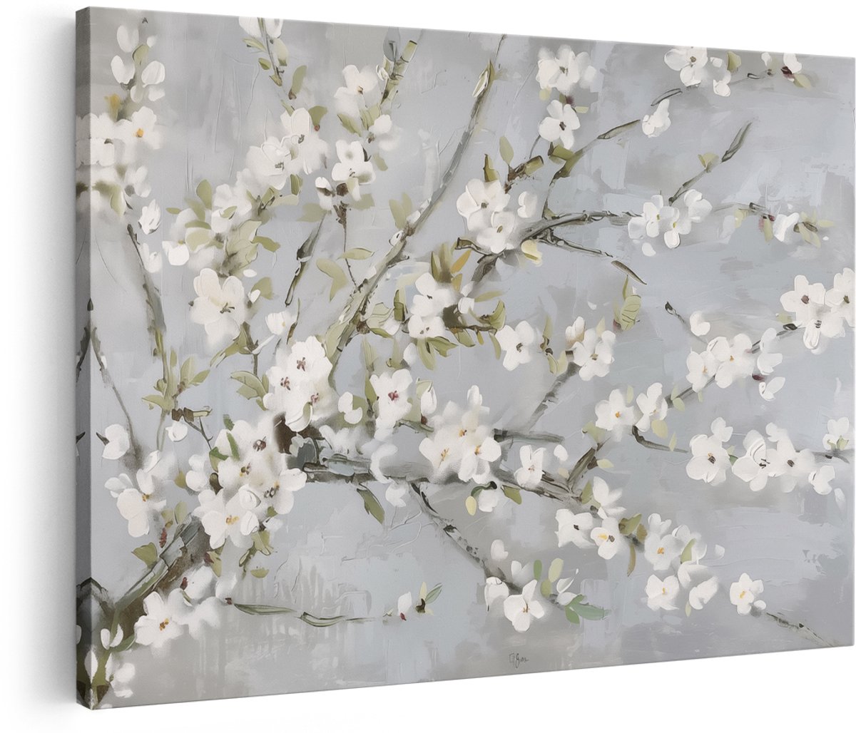 Artaza Canvas Schilderij Witte Bloesems op een Tak - Bloemen - 150x100 cm - Groot - Wanddecoratie Woonkamer - Schilderijen - Muurdecoratie