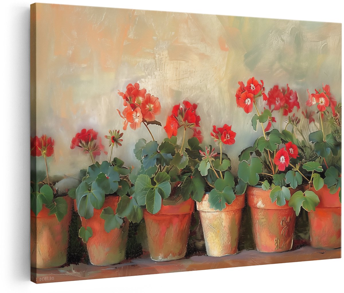 Artaza Canvas Schilderij Rode Geraniums Bloemen in Potten - 150x100 cm - Groot - Wanddecoratie Woonkamer - Schilderijen - Muurdecoratie
