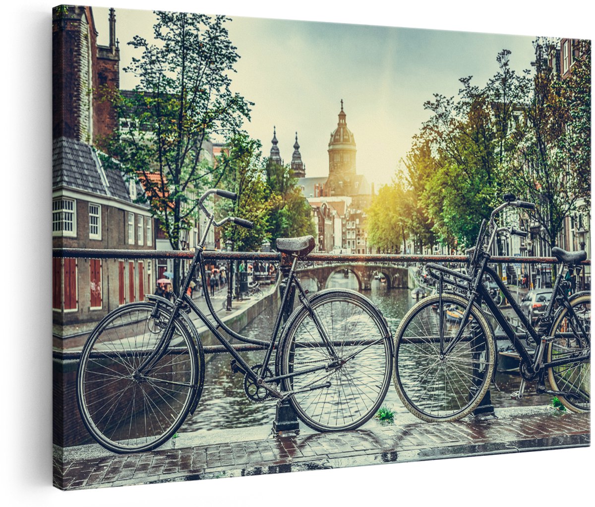 Artaza Canvas Schilderij Amsterdamse Brug Bij Een Gracht Met Zonsondergang - 150x100 cm - Groot - Foto Op Canvas - Wanddecoratie
