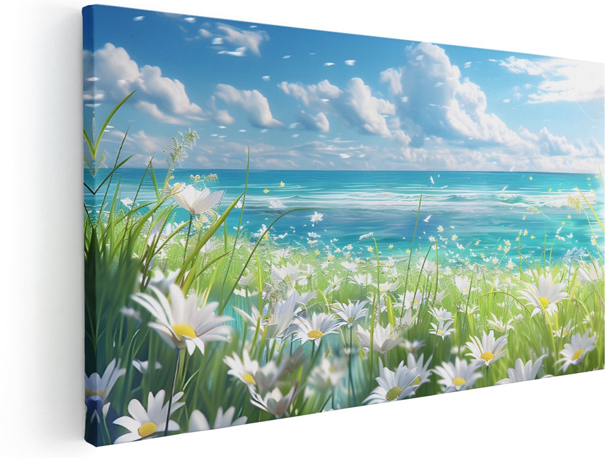 Artaza Canvas Schilderij Zee - 140x70 cm - Groot - Wanddecoratie Strand - Muurdecoratie Madeliefjes - Decoratie Natuur Woonkamer