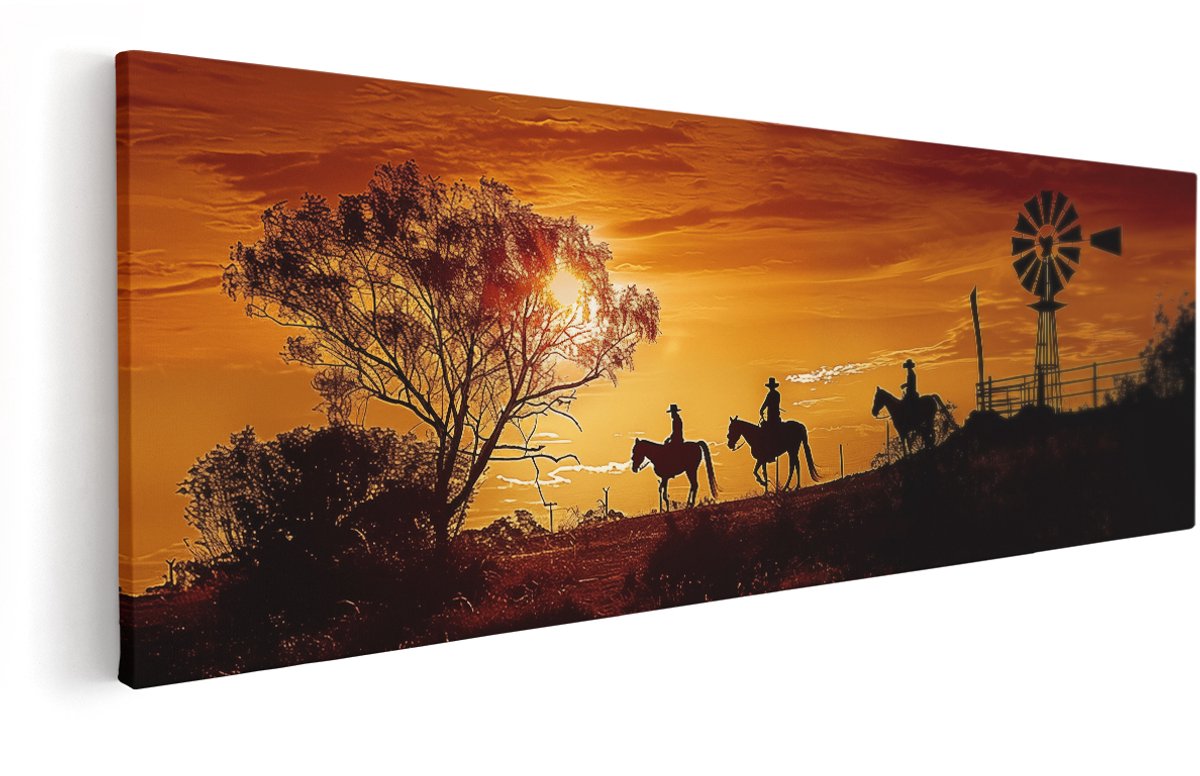 Artaza Canvas Schilderij Paarden met Ruiters in een Veld bij een Windmolen - Dieren - 150x50 cm - Groot - Wanddecoratie Woonkamer - Schilderijen - Muurdecoratie