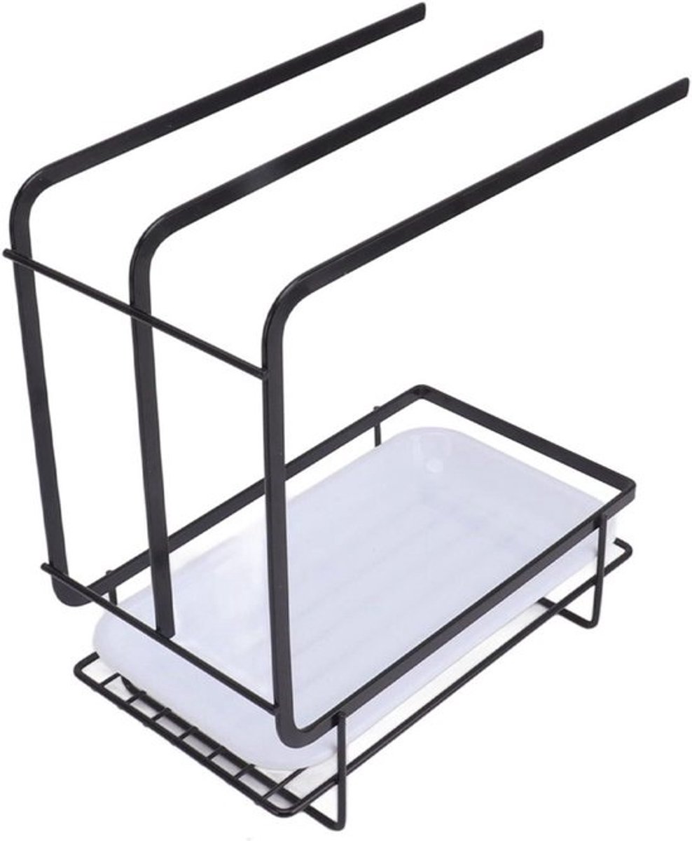 Sponshouder met bak - Keuken organizer - Aanrecht opruimen - Sneldrogende bodem - 23 x 26 x 13 cm - Zwart