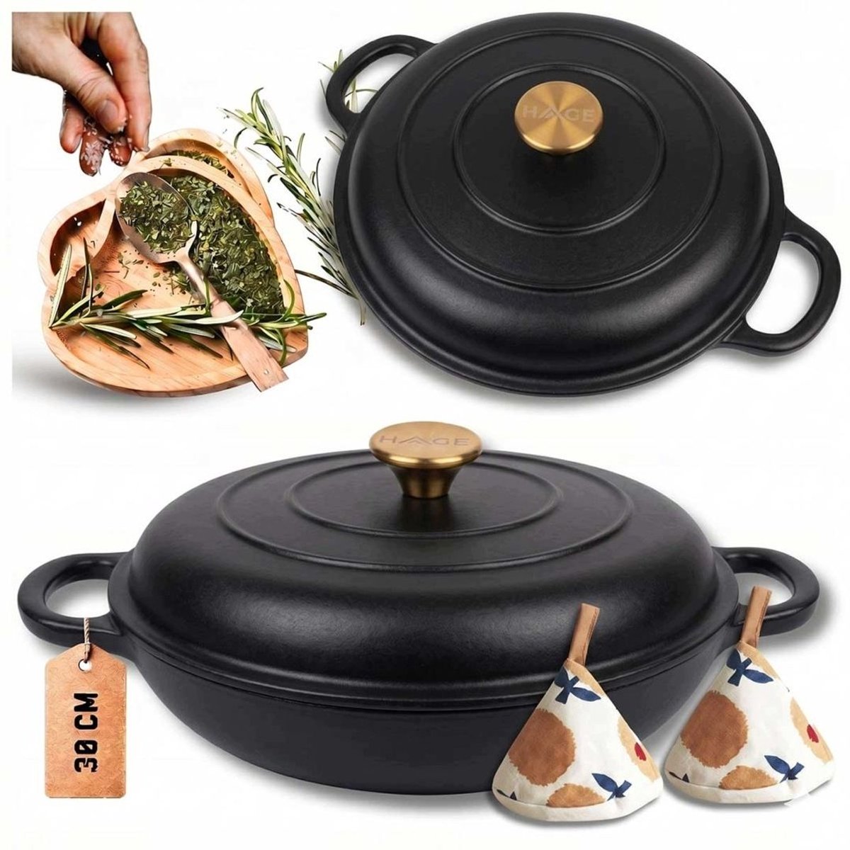 Hage - Braadpan - Lage Gietijzeren Braadpan met Deksel - Geëmailleerd - Oven & Inductie Geschikt - Voor Braden, Stoven en Ovenschotels - 3 Liters - 40.5 x 30 x 10.5 cm - Mat Zwart