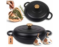 Hage - Braadpan - Stoofpan met Deksel - Casserole Pan - Lage Geëmailleerd Gietijzeren Braadpan - Oven & Inductie Geschikt - Voor Braden, Stoven en Ovenschotels - 3 Liters - 40.5 x 30 x 10.5 cm - Mat Zwart