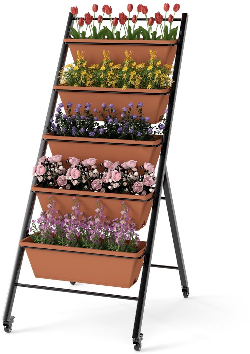 SureDeal® - Verticaal verhoogd bloembed, 5 etages, verticaal bed met wieltjes, bloembak met plantenbakken, bloementrap, plantentrap, groentebed, kruidentuin, 57 x 74 x 132 cm