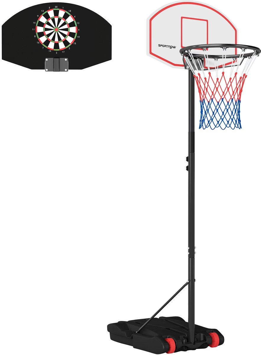 Basketbalring met dartbord, in hoogte verstelbaar, navulbare voet en wielen, 74x55x210-247 cm, zwart