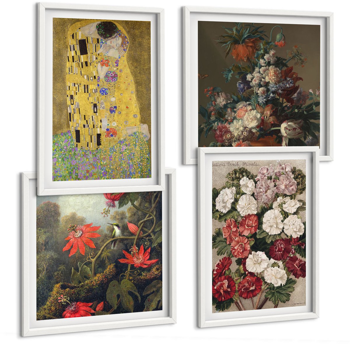 Wallfluent 4-Delige Schilderij Set - Bloemen En Bomen In De Schilderstijl Van De Kus Van Gustav Klimt. - 40 x 40 En 40 x 60 - Stijlvolle Muurdecoratie - Slaapkamer
