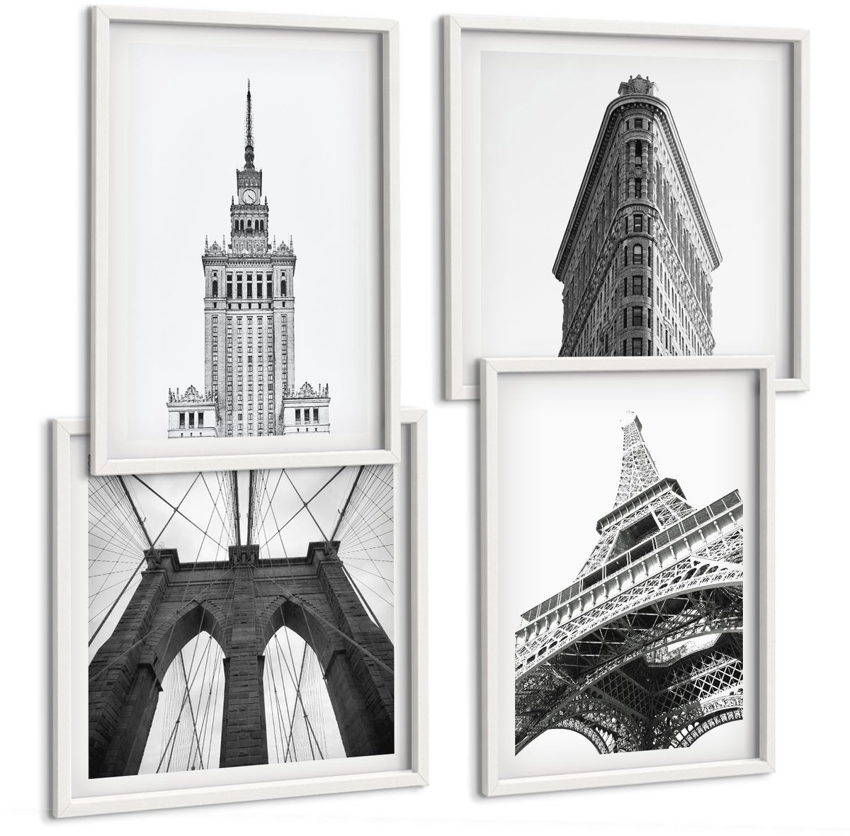 Wallfluent 4-Delige Schilderij Set - Architectonische Gebouwen In Zwart-Wit Minimalisme - 40 x 40 En 40 x 60 - Stijlvolle Wanddecoratie - Interieur - Woonkamer Decoratie