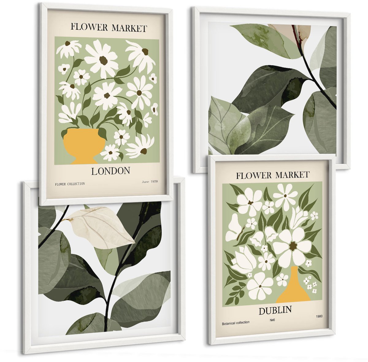 Wallfluent 4-Delige Schilderij Set - Bloemmotieven Londen En Dublin Delicate Bladeren - 40 x 40 En 40 x 60 - Wanddecoratie - Muurdecoratie - Moderne Interieurdecoratie - Moderne Wanddecoratie